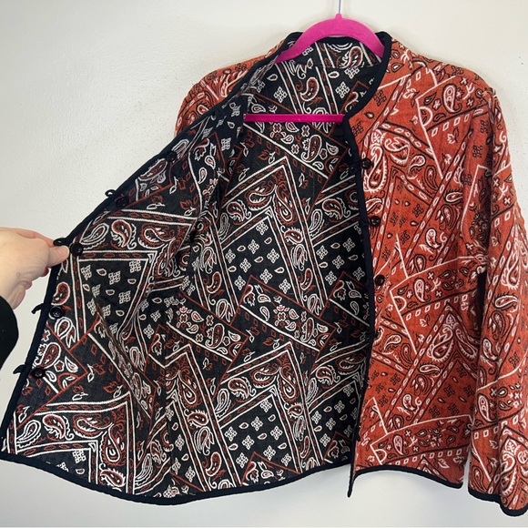 Womens M/L Reversible Red Black Paisley Bandanna Jacket Boho Western Button Up - Picture 7 of 16